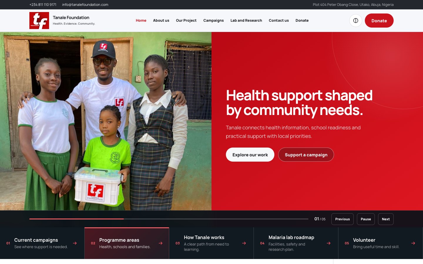 Tanale Foundation website homepage